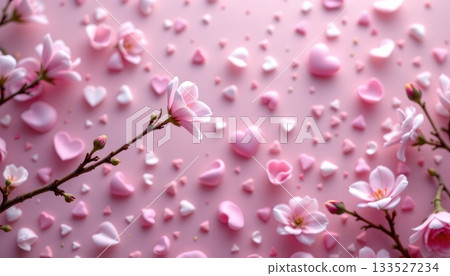 A close up of delicate pink cherry blossom petals scattered across a white surface with soft focus, creating an ethereal effect. A close up of delicate pink cherry blossom petals scattered across a white surface with soft focus, creating an ethereal effect. 133527234