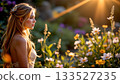 A tranquil moment of a woman standing amidst a garden filled with blooming flowers 133527235