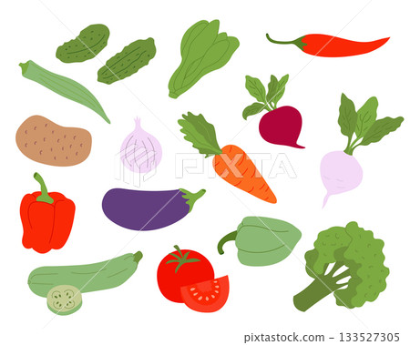 Colorful flat vegetables set on white background 133527305