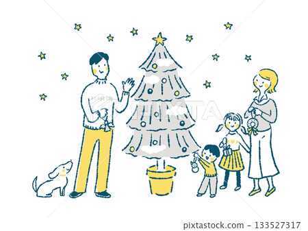 Illustration of a family of four decorating a Christmas tree Illustration of a family of four decorating a Christmas tree 133527317