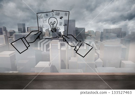 Hands are holding sheets with light bulb, chart, coin icons in flat design over city skyline Hands are holding sheets with light bulb, chart, coin icons in flat design over city skyline 133527463
