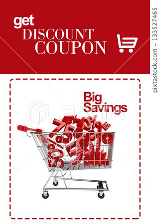 Flat design is showing shopping cart filled with red 3D discount symbols in dashed red frame Flat design is showing shopping cart filled with red 3D discount symbols in dashed red frame 133527465