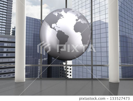 3D render is showing floating metallic globe sculpture in minimalist lobby with glass window wall 133527473