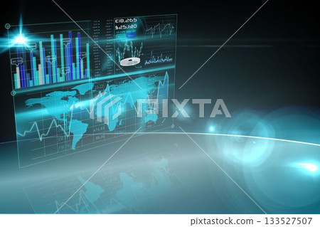 3D-render holographic dashboard is floating over floor in void, showing charts, gauges and data 133527507