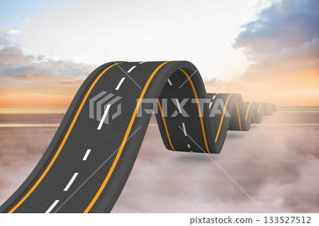 surreal aerial scene showing twisting asphalt road floating above clouds at sunrise in flat design 133527512