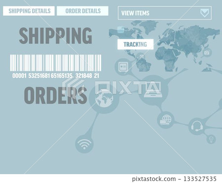 Flat infographic is showing shipping on blue panel with barcode, buttons and tracking map Flat infographic is showing shipping on blue panel with barcode, buttons and tracking map 133527535