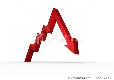 Red 3D render zigzag arrow is rising sharply on white studio plane with shadow, copy space Red 3D render zigzag arrow is rising sharply on white studio plane with shadow, copy space 133527657