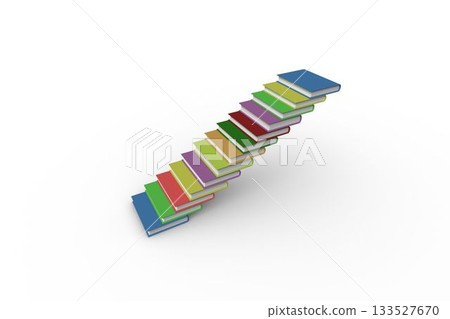 Minimal 3D render showing colorful books forming diagonal staircase on white plane, copy space 133527670