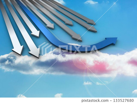 Blue and grey curved arrows pointing against sky Blue and grey curved arrows pointing against sky 133527680