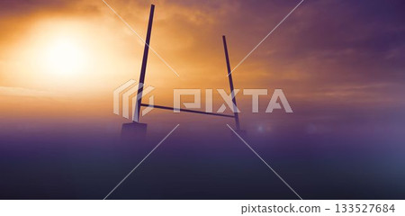 Flat design illustration showing foggy dawn field with goalposts and crossbar under glowing sun Flat design illustration showing foggy dawn field with goalposts and crossbar under glowing sun 133527684