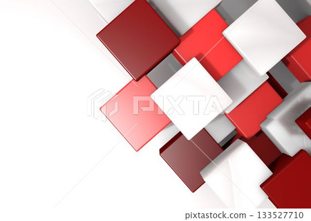 Glossy deep red, red and white 3D cubes are floating over white gradient backdrop, forming pattern Glossy deep red, red and white 3D cubes are floating over white gradient backdrop, forming pattern 133527710