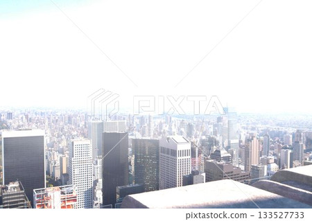 Flat design is showing rooftop concrete ledge and metal railing overlooking skyscraper cluster Flat design is showing rooftop concrete ledge and metal railing overlooking skyscraper cluster 133527733