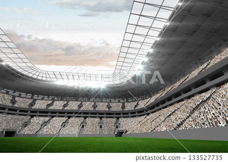 Showing flat design stadium interior with turf, seating, glass roof floodlights lighting cloudy sky Showing flat design stadium interior with turf, seating, glass roof floodlights lighting cloudy sky 133527735