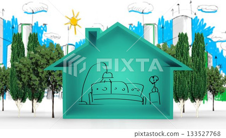 Flat design teal house cutaway is revealing line-drawn interior with stylized trees and skyline 133527768