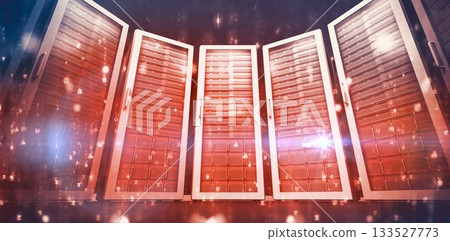 Low angle view of red network server room Low angle view of red network server room 133527773