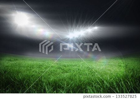 Empty grass sports field is glowing under flat design floodlights with lens flare effects Empty grass sports field is glowing under flat design floodlights with lens flare effects 133527825