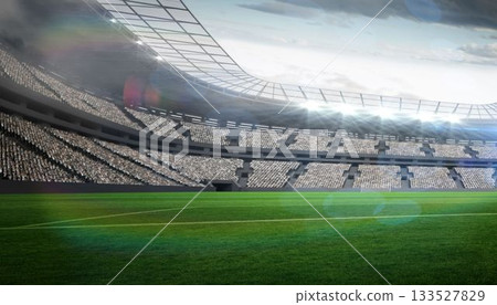 Displaying flat design empty stadium featuring grass with white lines, seating and roof floodlights Displaying flat design empty stadium featuring grass with white lines, seating and roof floodlights 133527829