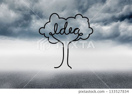 Minimalist line art is showing black tree spelling idea above misty asphalt under storm clouds Minimalist line art is showing black tree spelling idea above misty asphalt under storm clouds 133527834