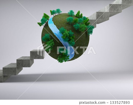 Earth floating in front of stairs 133527893