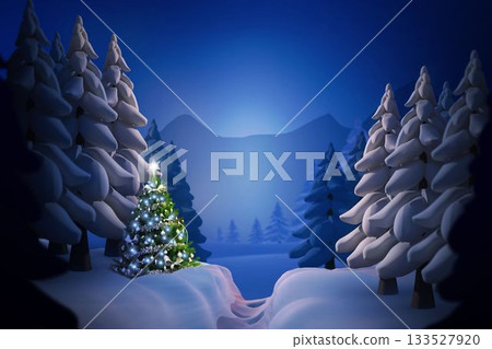 Flat design is showing decorated evergreen tree topped with star and lights on snowy forest path 133527920