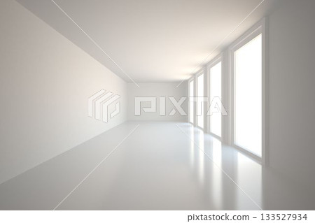 Minimal white corridor is stretching in flat design, featuring glossy floor and windows Minimal white corridor is stretching in flat design, featuring glossy floor and windows 133527934