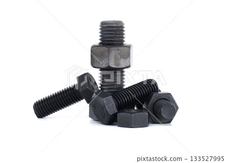 Close-up of Bolts and Nuts Isolated on White Background 133527995