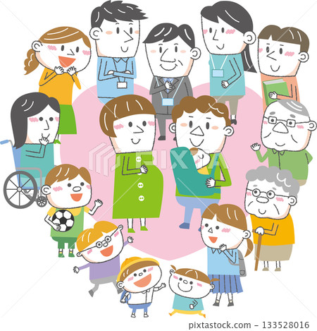 Image of community support for child-rearing families: Illustration of diverse people, pregnant women, and fathers 133528016
