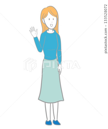 Illustration of a light-haired woman smiling and raising her right hand Illustration of a light-haired woman smiling and raising her right hand 133528072