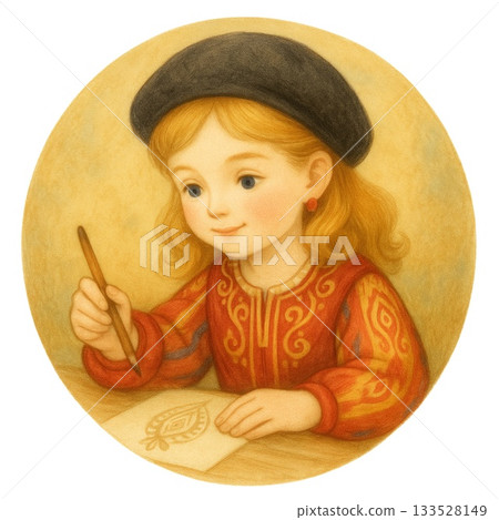 圖標素材：身著民族服飾的女孩繪畫場景 - 生成式人工智慧 133528149