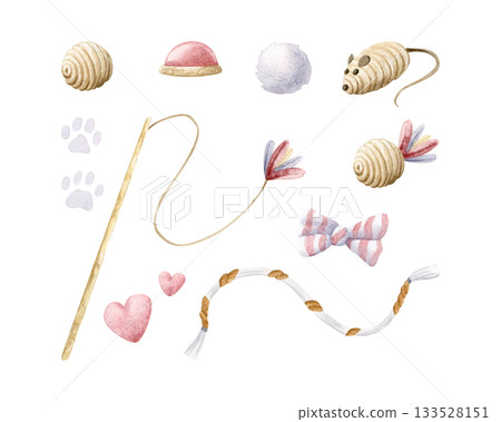 Cat toys bundle with stick, feathers, balls, pompom, mouse, rope and bow. Watercolor illustration set in pastel beige and pink colors. Pet goods clip art for pet shops, game and home playing designs Cat toys bundle with stick, feathers, balls, pompom, mouse, rope and bow. Watercolor illustration set in pastel beige and pink colors. Pet goods clip art for pet shops, game and home playing designs 133528151