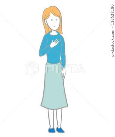 Illustration of a light-haired woman smiling and holding her right hand on her chest Illustration of a light-haired woman smiling and holding her right hand on her chest 133528180