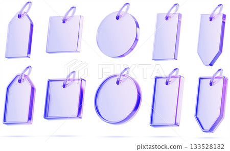 Purple transparent keychain with ring mockup. Render 3d set of blank plastic key holder template. Glass holographic price tag for sale or gift label of circle, square, rectangle shape. 3D illustration 133528182