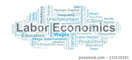 Labor Economics Word Cloud. Key concepts covering wages, employment, human capital, productivity, and policy factors shaping modern labor markets and workforce dynamics. 133528301