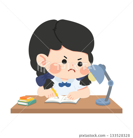 Illustration of Angry Student Studying at Desk 133528328