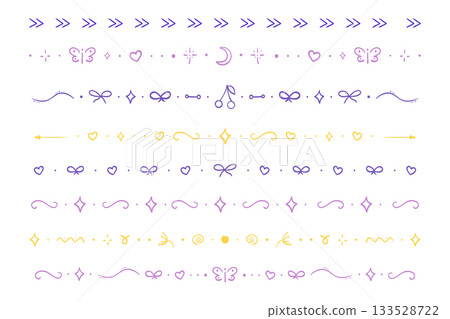 Line divider, cute border hand drawn elements separator. Set geometric bright doodle frames with bows, hearts, moon. Stars and geometric shapes. Lace horizontal decoration. 133528722