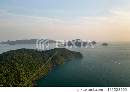 Top view of the distant islands from Kilim Park on Langkawi Island at sunset. Malaysia 133528863