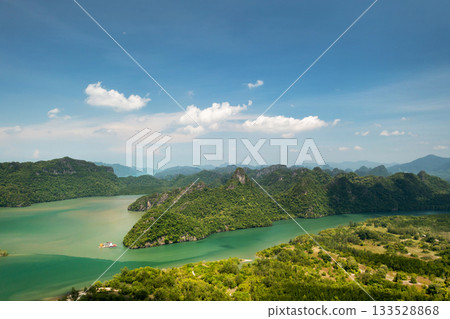 Aerial view of the River and green hills in KILIM Geopark on a sunny day with a clear sky. Langkawi. Malaysia 133528868