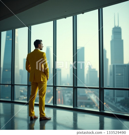 Man in yellow suit gazes over Chicago at dawn Generative AI 133529490