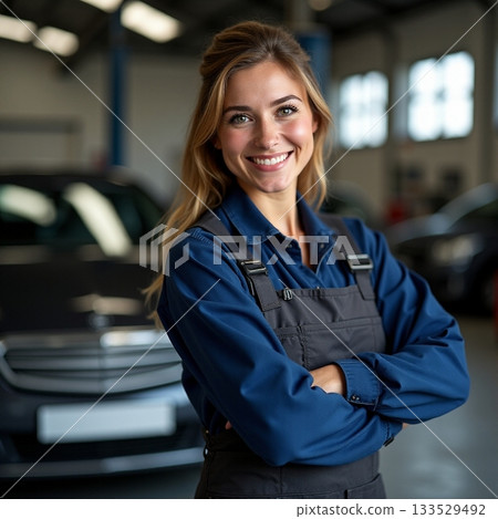 Smiling mechanic in workshop showcasing her skills and passion Generative AI 133529492