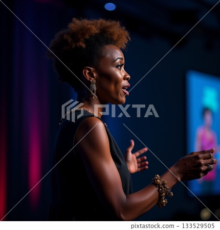 Dynamic speaker captivates audience during engaging presentation Generative AI 133529505