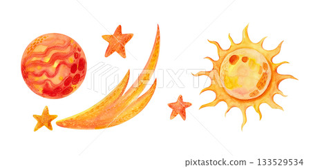 A set of space-themed watercolor illustrations in yellow and orange colors for children's and holiday textile and printed design. 133529534