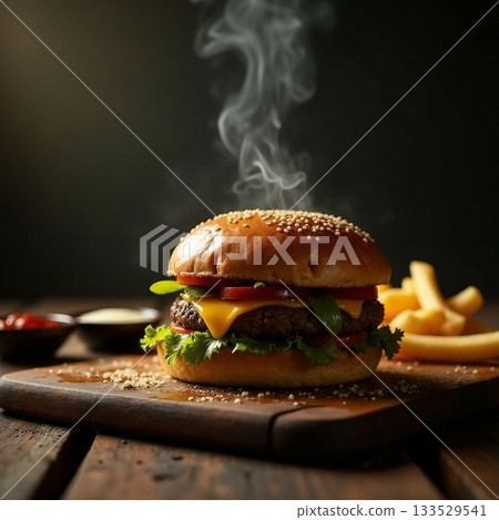 Delicious burger with fries served on a wooden board Generative AI 133529541