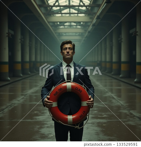 Man in formal wear holds lifebuoy in dimly lit location Generative AI Man in formal wear holds lifebuoy in dimly lit location Generative AI 133529591