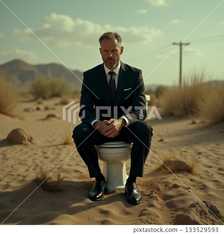 Businessman seated on toilet in desert landscape at sunset Generative AI 133529593