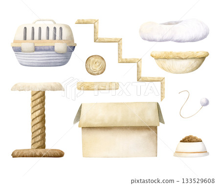Cats home accessories and furniture bundle. Hand drawn watercolor illustration isolated set. Pet beddings in pastel beige colors for domestic animals. Scratching post and carrier clip art for pet shop Cats home accessories and furniture bundle. Hand drawn watercolor illustration isolated set. Pet beddings in pastel beige colors for domestic animals. Scratching post and carrier clip art for pet shop 133529608