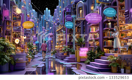 A mysterious townscape with rows of fantastical bookshelves bathed in light A mysterious townscape with rows of fantastical bookshelves bathed in light 133529653