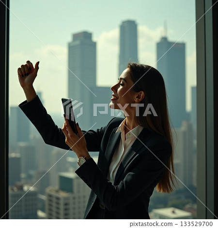 Happy businesswoman celebrating success in city office Generative AI Happy businesswoman celebrating success in city office Generative AI 133529700