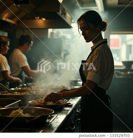 Chefs preparing delicious meals in a busy kitchen setting Generative AI Chefs preparing delicious meals in a busy kitchen setting Generative AI 133529703