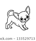 Cute chihuahua puppy with big eyes, tail curling and playful stance in a simple, outlined style 133529713