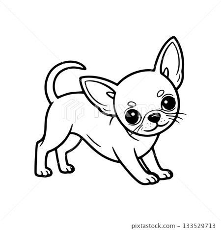 Cute chihuahua puppy with big eyes, tail curling and playful stance in a simple, outlined style 133529713